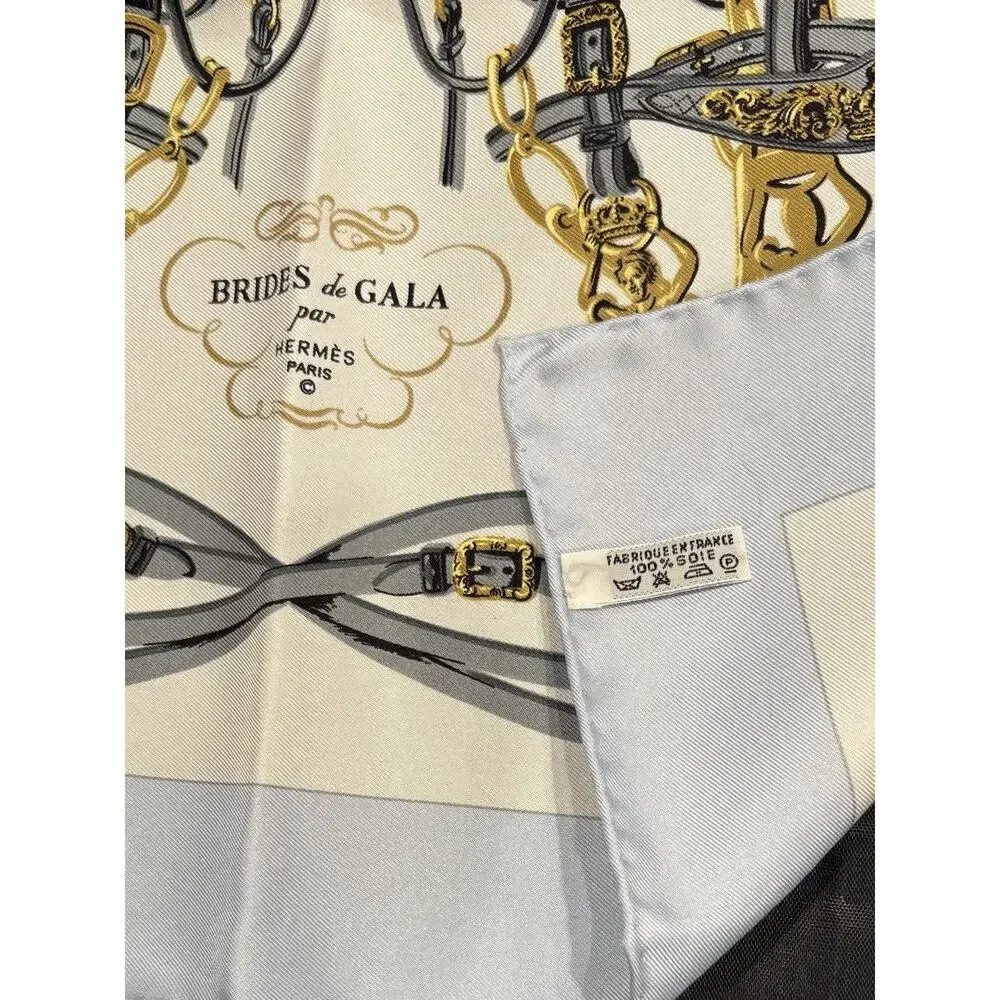Hermès Pocket Square Silk Scarf Brides de Gala By Hugo Grygkar Lt Blue Gray New